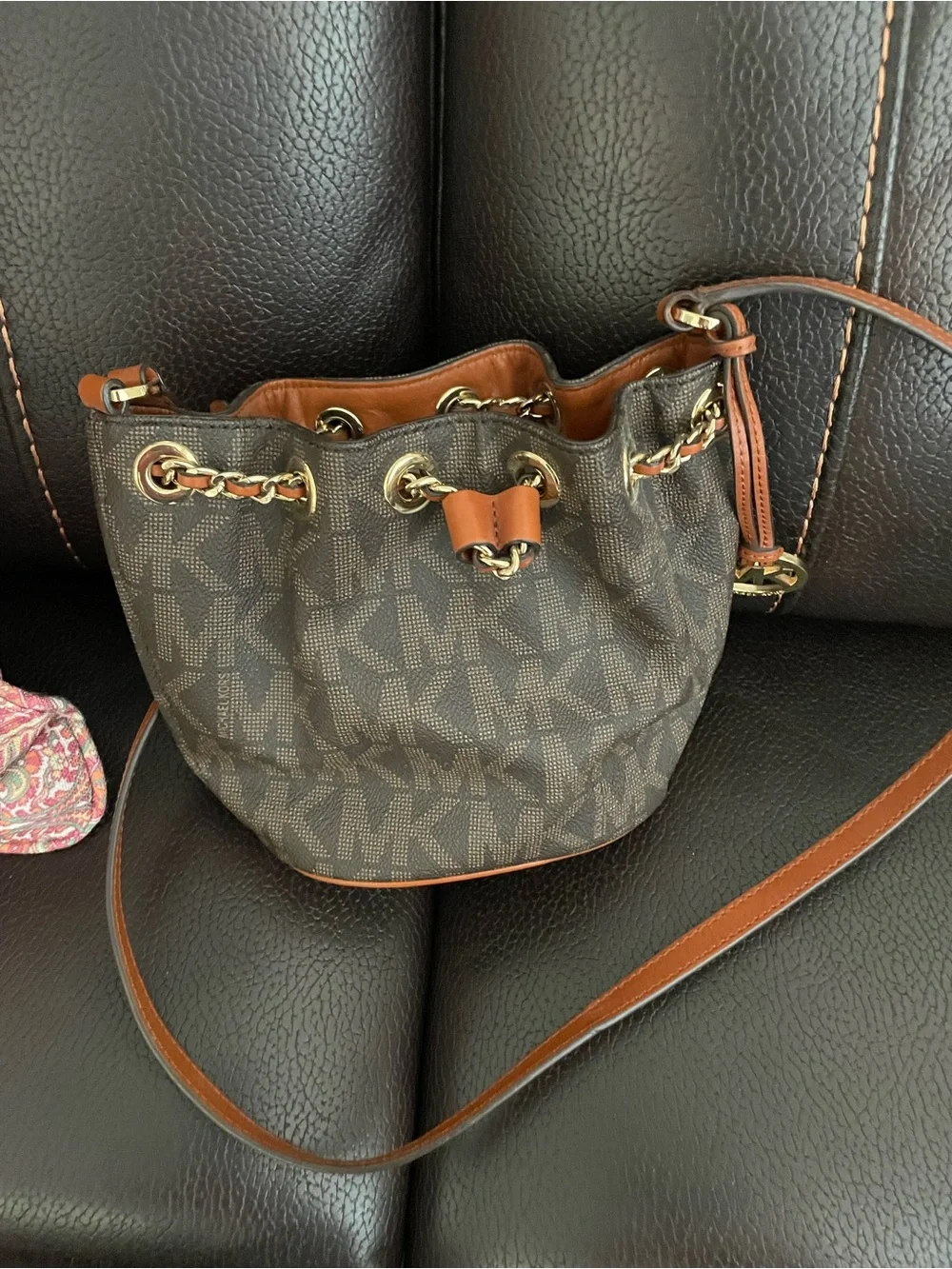 Michael Kors Brown Monogram Drawstring Satchel with Gold Hardware